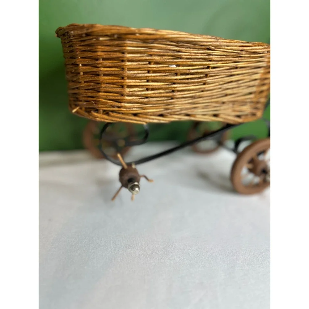 Vintage Wicker Doll Carriage Decorative Basket Metal Frame Wooden Wheels Rustic